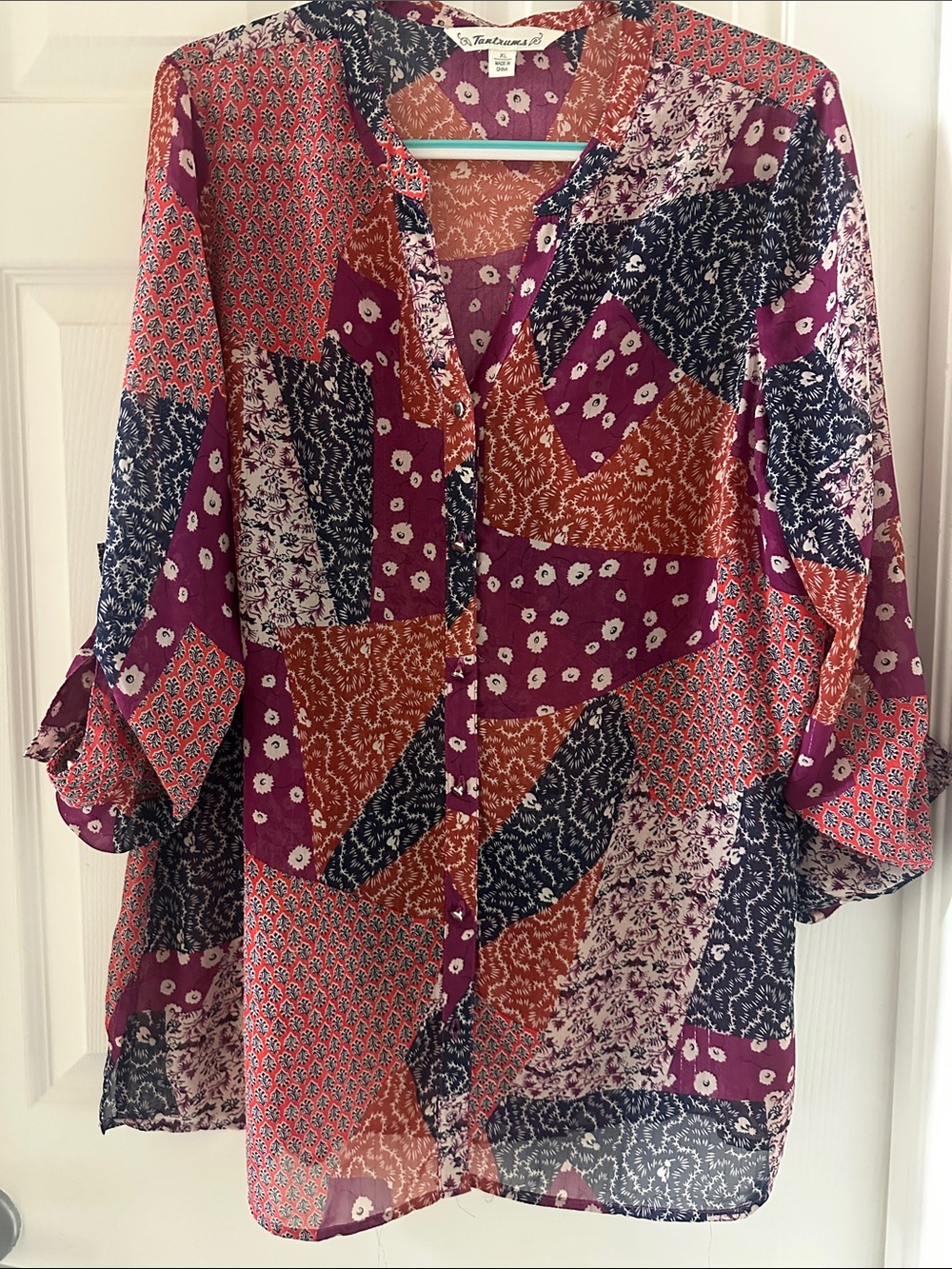 T Tahari Multi-Print Sheer Patchwork Tunic - Purple, Rust, Navy